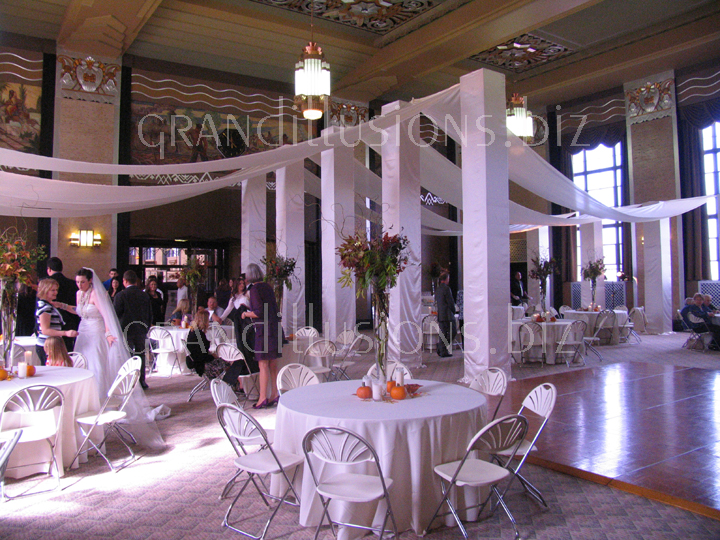 Durham Museum columns and draping wedding ceremony decorating Omaha Nebraska