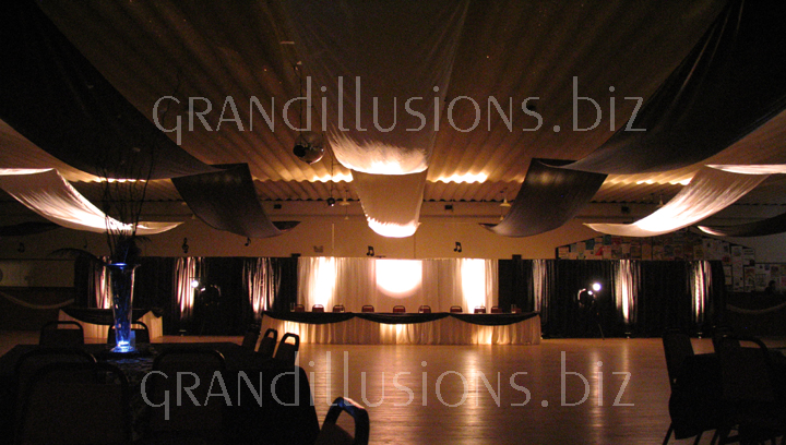 black and white wedding backdrop ceiling draping uplighting Starlight Ballroom Wahoo Nebraska