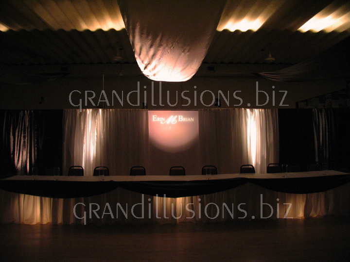 black and white wedding head table with gobo