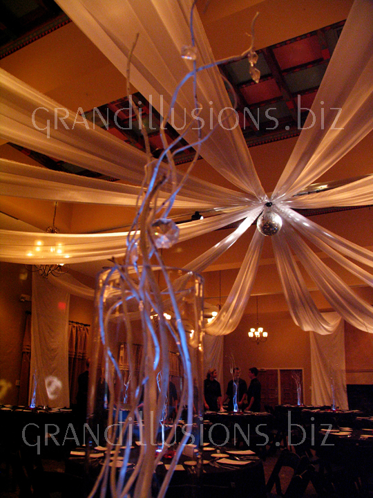 ceiling draping crystals mirror ball wwedding reception Hillcrest Country Club Lincoln Nebraska