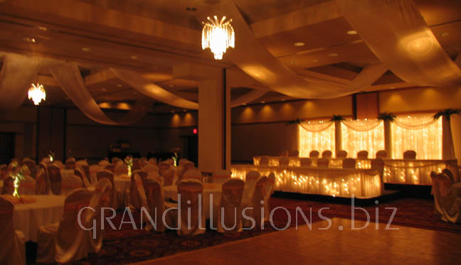 chandiliers and silk wedding reception Lancaster Room Marriott Cornhusker Hotel Lincoln Nebraska