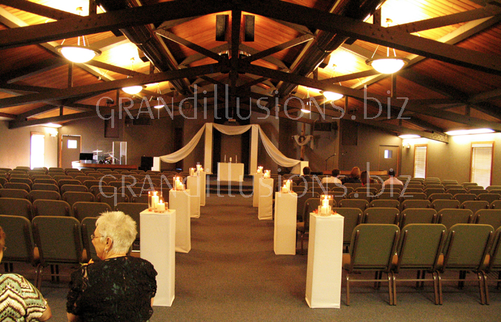 church draping columns weddng ceremony decorations candles Lincoln Nebraska