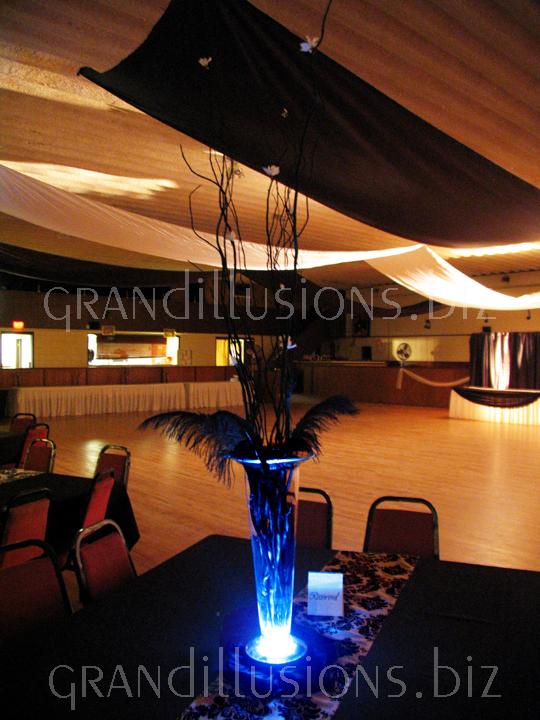draped ceiling with lit lighted centerpiece wedding decorating Starlite Ballroom Wahoo Nebraska