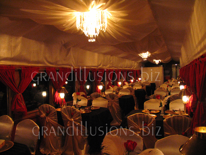 draped cieling crystal chandilier chair covers train engagement party Fremont Dinner Train