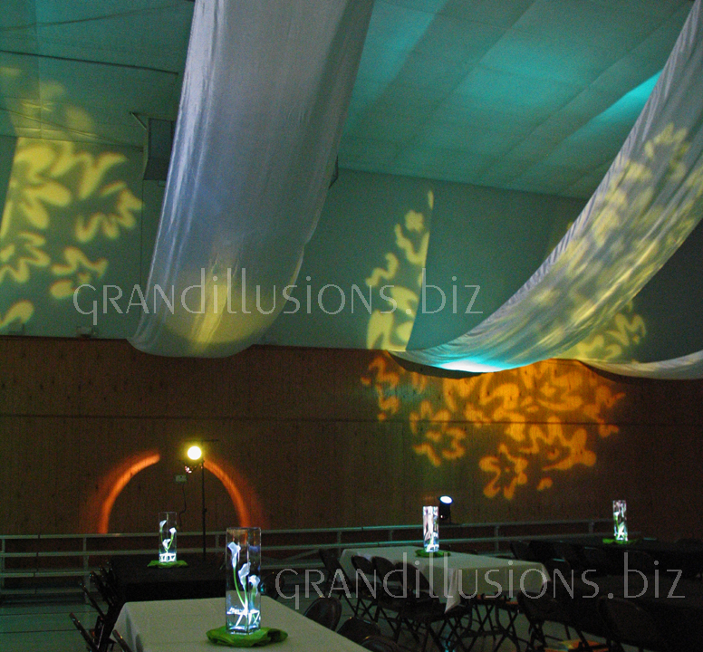 drapes on ceiling with gobo pattern wedding decorating Plymouth Nebraska