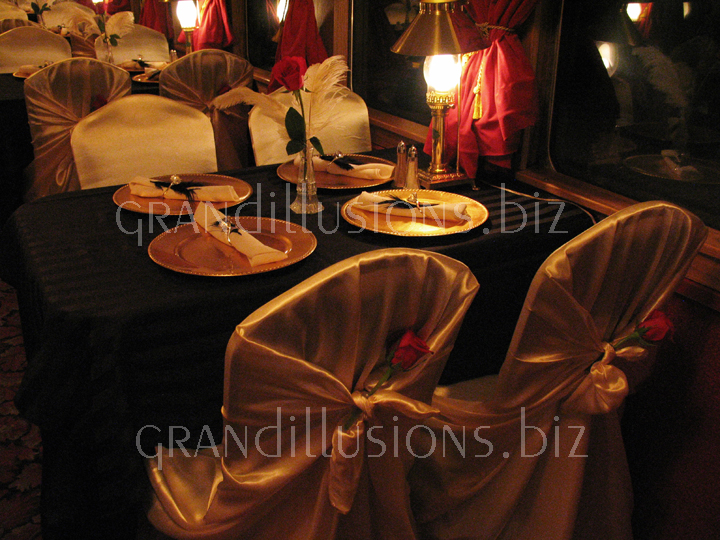 gold chargers pillowcase chair covers roses ostrich feathers Fremont Dinner Train Engagement Party