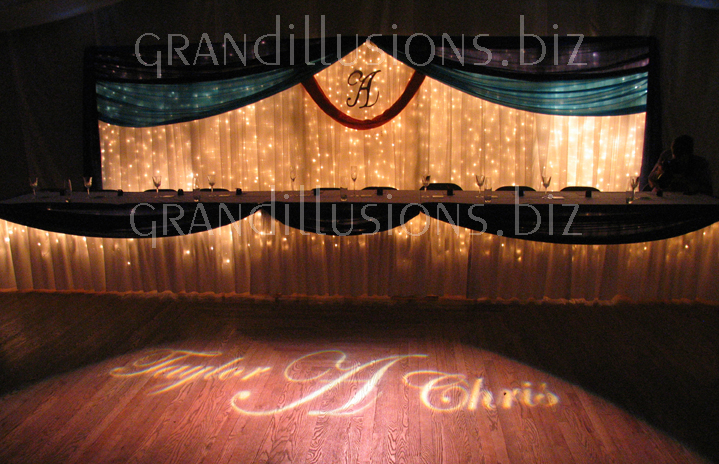 icicle backdrop head table initial letter gobo on floor wedding decorating Pla Mor Ballroom Lincoln Nebraska