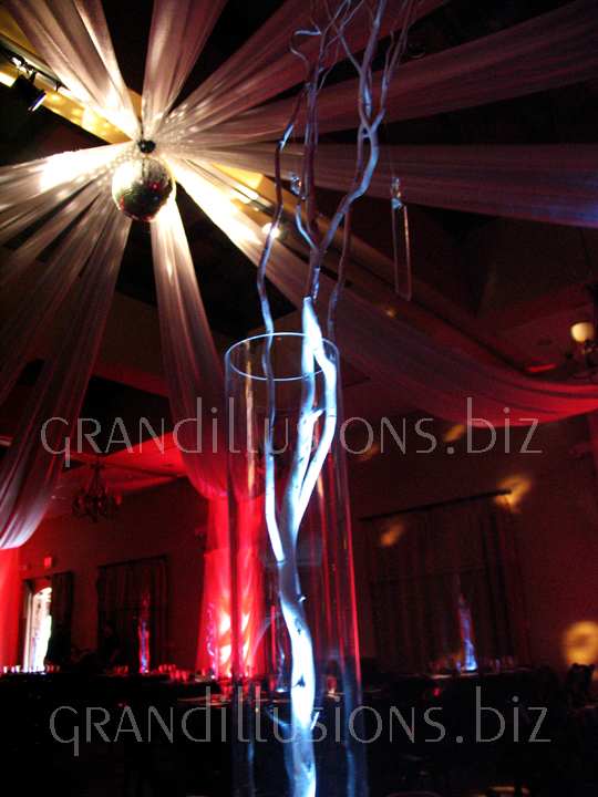 lighted centepiece uplighting mirror ball ceiling draping wedding decoration Hillcrest Country Club Lincoln Nebraska