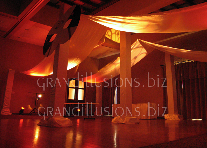 masquerade mask mardi gras gobo patterns on ceiling draping decoration Hillcrest Country Club Lincoln Nebraska