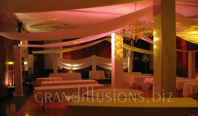 theater lighting and square columns fabric draping wedding decorating