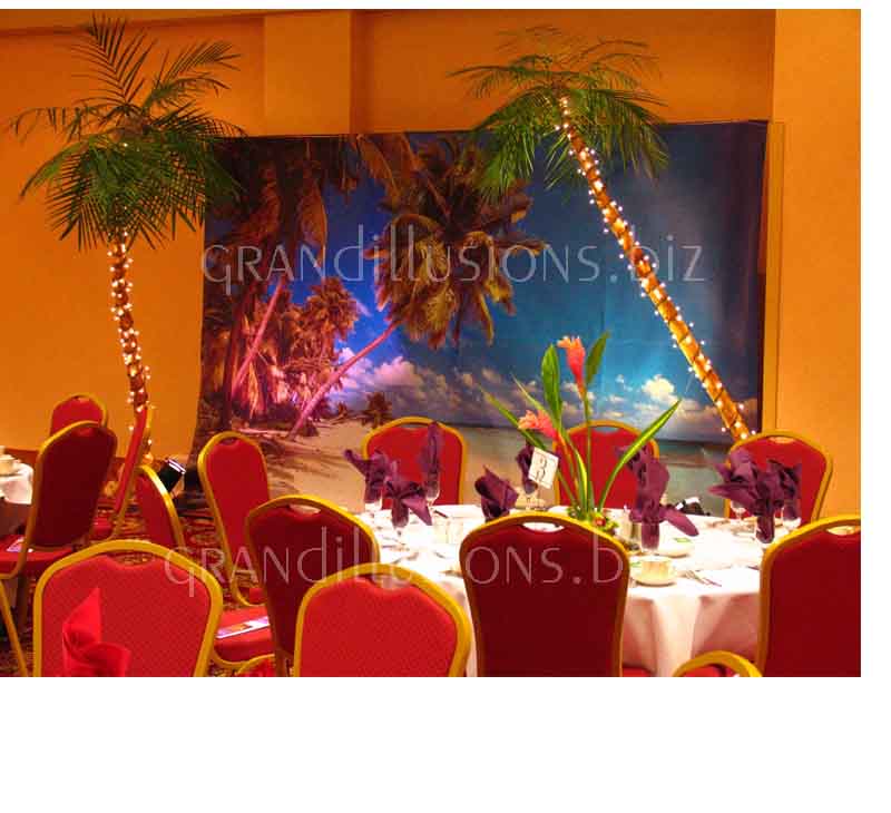 tropical backdrop and live palm tree decorations Marriott Cornhusker Hote